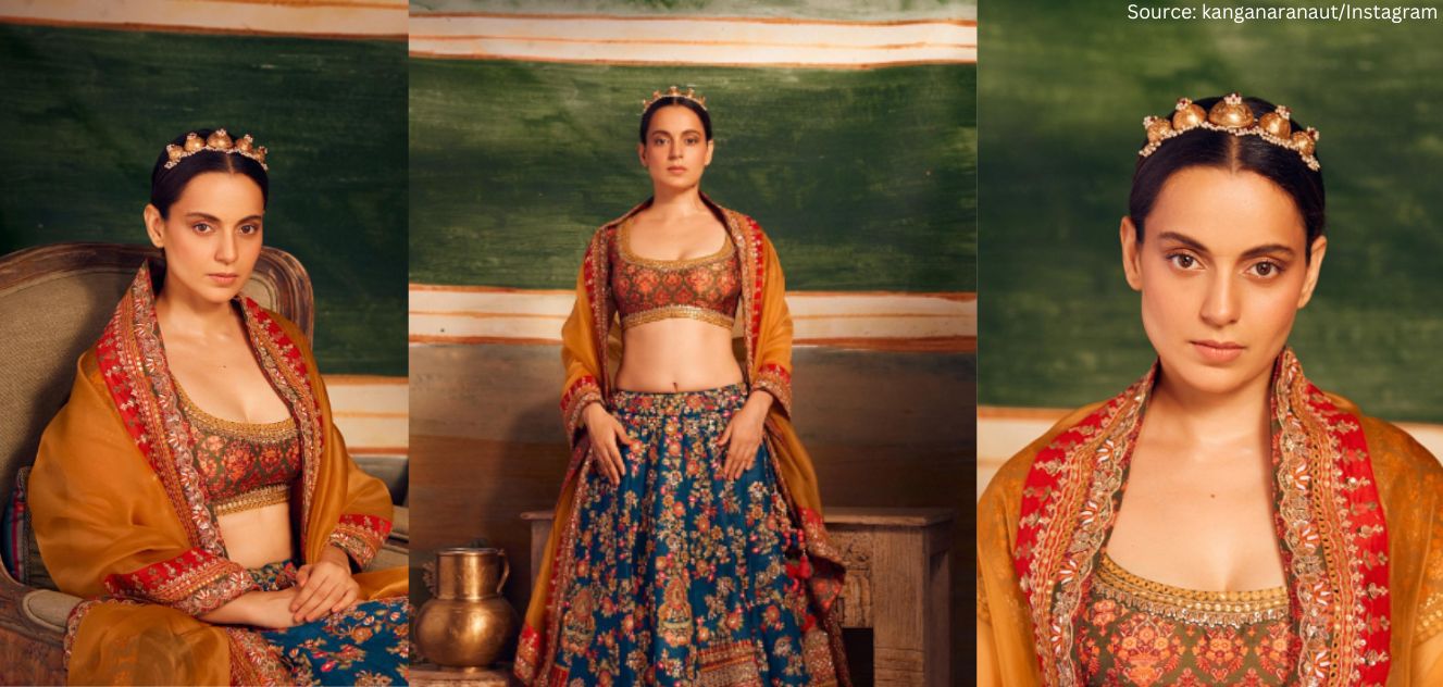 Kangana Ranaut Radiates Royal Look in Blue and Red Lehenga and Pearl Golden Headpiece on Instagram Reel