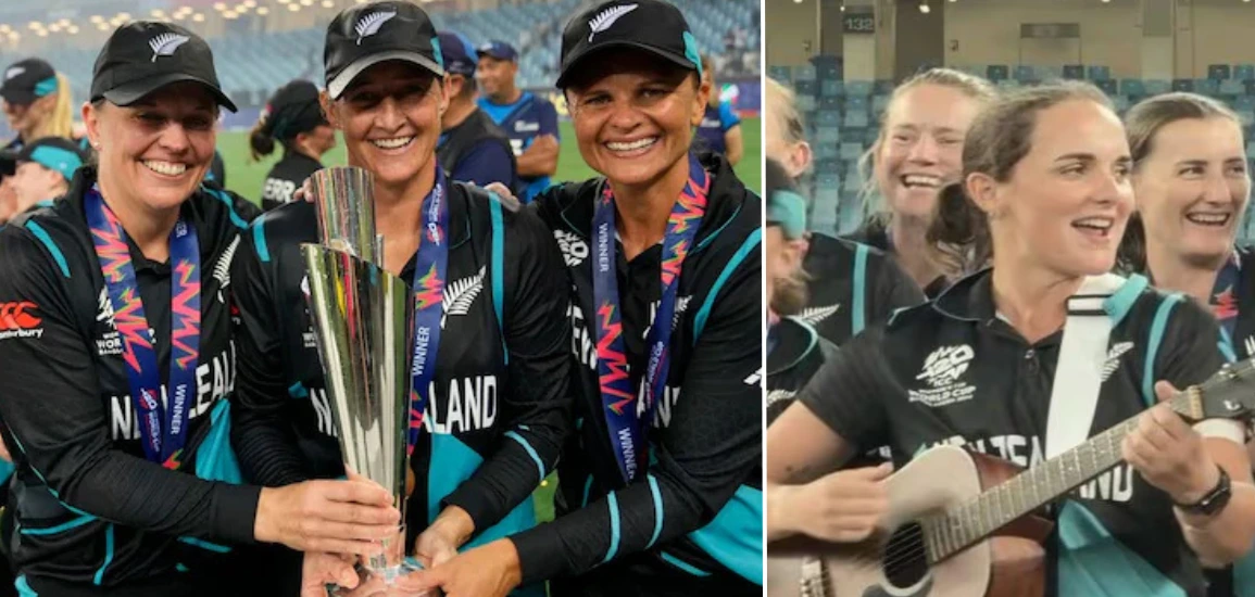 New Zealand celebrates their victory with a song; Amelia Kerr played the guitar.